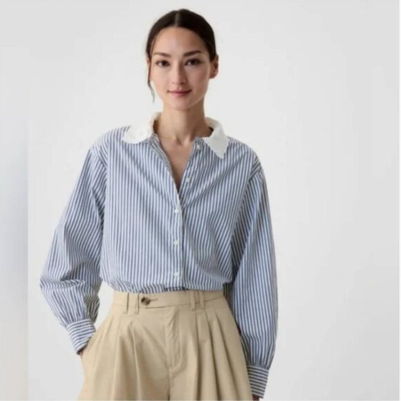 GAP x Doen Women's Blue Striped Button Down Shirt Large NWT - Picture 1 of 10